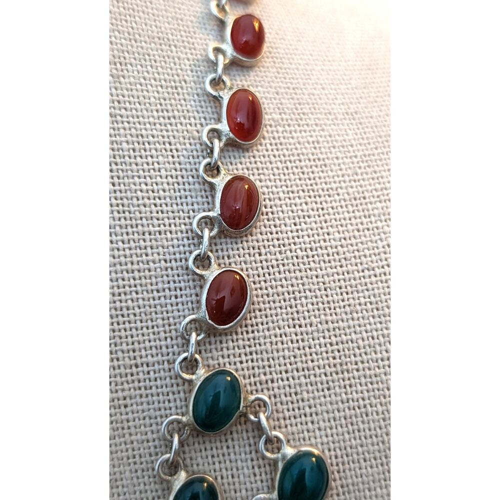 Vtg Green & Red Onyx Cabochons 925 Sterling Silver Collar Hook Clasp Necklace - Picture 4 of 11
